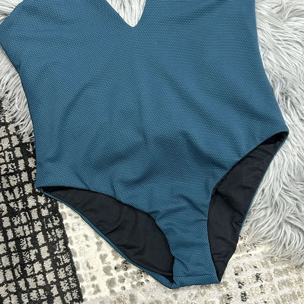 LEITH Solid Teal Textured Plunge Halter One-Piece Swimsuit Size Large‎ ($68)